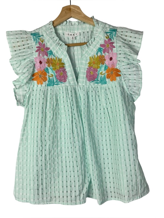 THML Tops - THML Mint Green Floral Embroidered Flutter Short Sleeve Top M